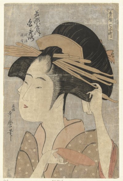 Busteportræt af kurtisanen Shiratsuya fra Wakanaya-huset. Wakanaya uchi Shiratsuya (titel på objekt) De syv Komachi fra lysthusene (serietitel) Seiro nana Komachi (serietitel på objekt) af Kitagawa Utamaro