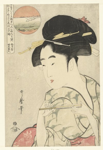 Busteportræt af en ung kvinde med en fan af Kitagawa Utamaro