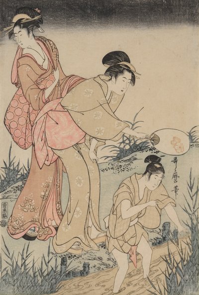 At fange ildfluer under et piletræ (til højre) af Kitagawa Utamaro