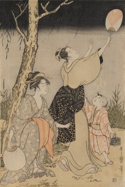 At fange ildfluer under et piletræ til venstre, ca. 1796-1797. af Kitagawa Utamaro