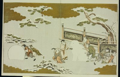 Børn laver en sne-shishi og ruller en snebold fra "The Silver World" af Kitagawa Utamaro