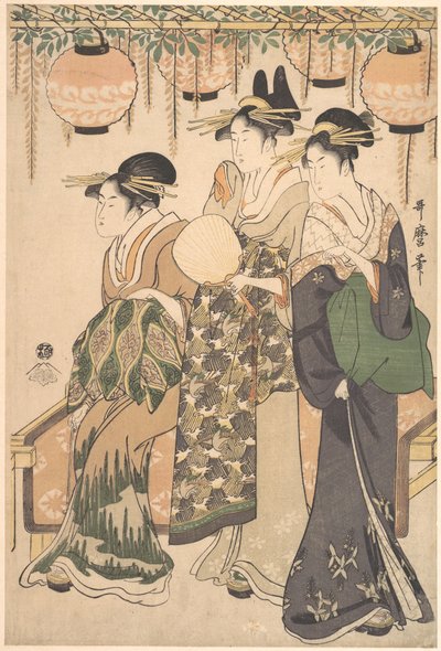 Kurtisaner under en blåregnsløvhytte af Kitagawa Utamaro