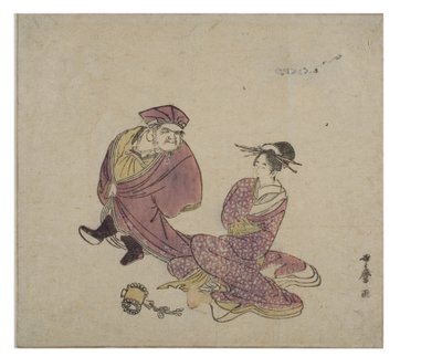 Daikoku (stående) i samtale med en siddende dame, ca. 1758-1806 (træbloktryk på papir) af Kitagawa Utamaro