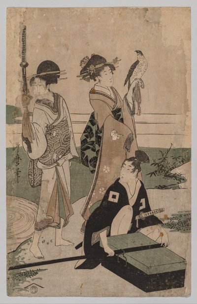 Daimyō og hans følge krydser en strøm i sletten nær Fuji af Kitagawa Utamaro