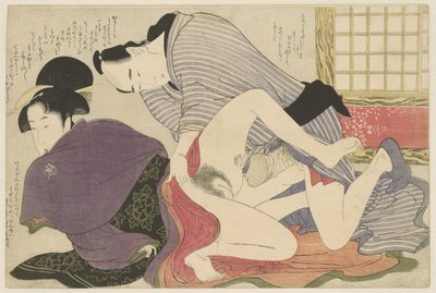 Geisha og elsker ved fritstående foldeskærm Negai no itoguchi (serietitel) af Kitagawa Utamaro
