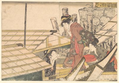 Piger, der går om bord på en båd, fra den illustrerede bog »Årets fire årstider« af Kitagawa Utamaro