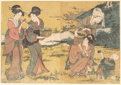 Piger, der plukker grønne blade, fra den illustrerede bog »Blomster i de fire årstider« af Kitagawa Utamaro