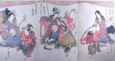 Kintaro, Urashimataro og Momotaro, fra triptykonet "Sæt med tre sakebægre til den første måned (Tarozuki mitsugumi sakazuki)" af Kitagawa Utamaro