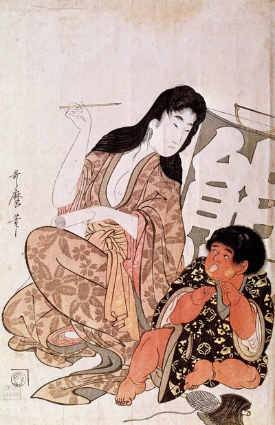 Kintaro og Yamauba kalligraf, serie: Yamauba og Kintaro japansk tryk af Utamaro Kitagawa (1753-1806). Sol. 0,38x0,26 m. 1790-1806. Paris, Guimet-museet, Nationalmuseet for asiatisk kunst af Kitagawa Utamaro