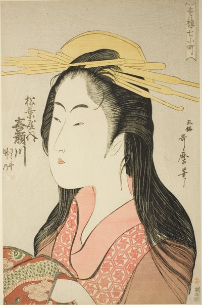 Kisegawa fra Matsubaya, [hvis ledsagere er] Sasano, Takeno (Matsubaya uchi Kisegawa, Sasano, Takeno), fra serien "Seven Komachi of Yoshiwara" ("Seiro nana Komachi") af Kitagawa Utamaro