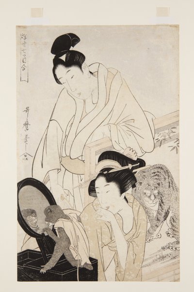 Monkey and Tiger (træbloktryk i farver) af Kitagawa Utamaro