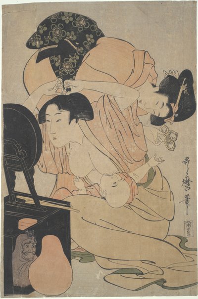 Mor med ammende baby og ledsager af Kitagawa Utamaro