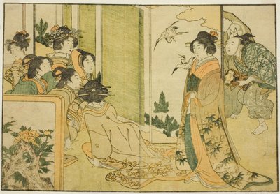 Nytårsmanzai-forestilling i en feudalherres palæ, fra den illustrerede bog "Picture Book: Blomster i de fire årstider (Ehon shiki no hana)", vol. 1 af Kitagawa Utamaro