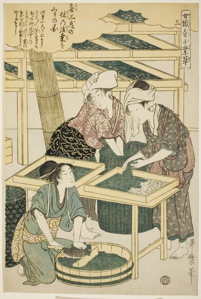 nr. 3 (san), fra serien "Women Engaged in the Sericulture Industry (Joshoku kaiko tewaza-gusa)" af Kitagawa Utamaro