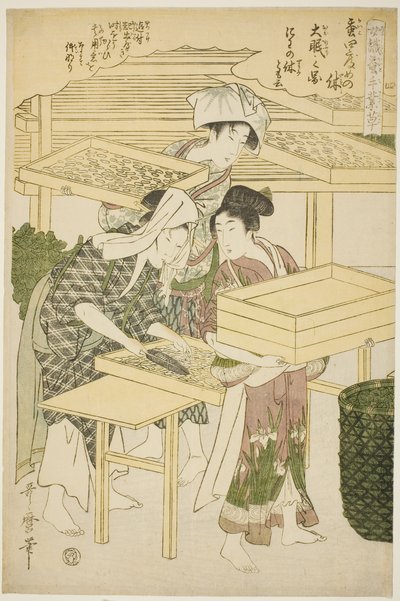 nr. 4 (shi), fra serien "Women Engaged in the Sericulture Industry (Joshoku kaiko tewaza-gusa)" af Kitagawa Utamaro