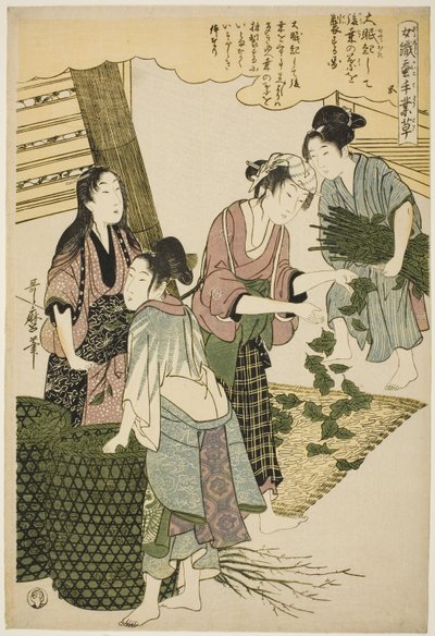 nr. 5 (go), fra serien "Women Engaged in the Sericulture Industry (Joshoku kaiko tewaza-gusa)" af Kitagawa Utamaro
