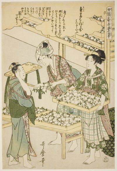nr. 6 (roku), fra serien "Women Engaged in the Sericulture Industry (Joshoku kaiko tewaza-gusa)" af Kitagawa Utamaro