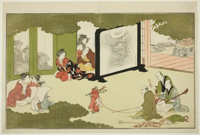 Opførelse af en trænet abe fra en illustreret poesiantologi med titlen "The Young God Ebisu (Waka Ebisu)" af Kitagawa Utamaro