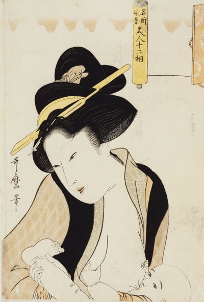 Portræt af en mor, der ammer sit barn, fra serien "Twelve Types of Beautiful Woman with Landscapes of Famous Places" af Kitagawa Utamaro