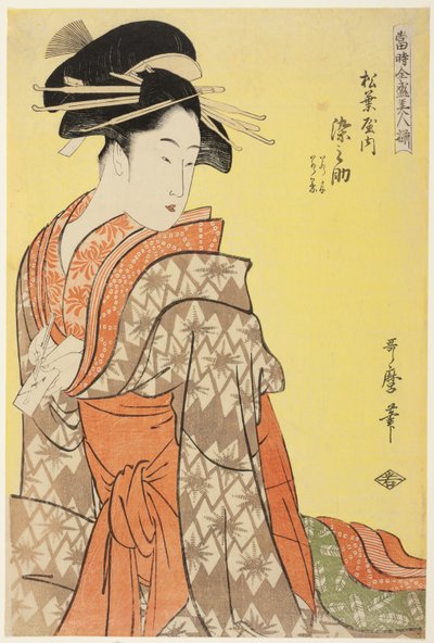 Somenosuke of the Matsubaya, [hvis ledsagere er] Wakagi, Wakaba (Matsubaya uchi Somenosuke, Wakagi, Wakaba), fra serien "Array of Supreme Beauties of the Present Day" ("Toji zensei bijin-zoroe") af Kitagawa Utamaro