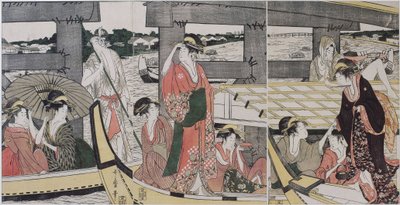 Sur et sous le pont de Ryogoku (Tokyo) - På toppen og under Ryogoku Bridge par Utamaro, Kitagawa (1753-1806), ca. 1796 - Farvetræsnit, 38,2x74,6 - Privat Samling af Kitagawa Utamaro