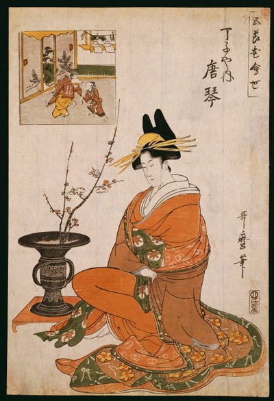 Kurtisanen, Karakoto fra Chojiya, siddende ved et arrangement af blommeblomster af Kitagawa Utamaro