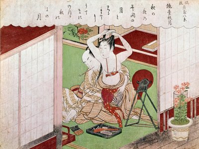 Toilettet for det elegante japanske tryk af Utamaro Kitagawa (1753-1806). Sol. 0,38x0,25 m. 1794-1795. Paris, Guimet Museum, National Museum of Asian Arts af Kitagawa Utamaro