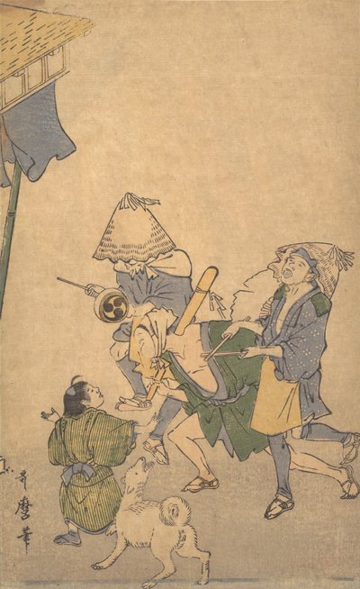 Tre revelers af de lavere klasser, iført Komuso-hatte..., slutningen af det 18.-begyndelsen af det 19. århundrede. af Kitagawa Utamaro