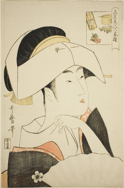Tomimoto Toyohina, fra serien Renowned Beauties Likened to the Six Immortal Poets (Komei bijin rokkasen) (Tomimoto Toyohina) (billede-gåde) af Kitagawa Utamaro