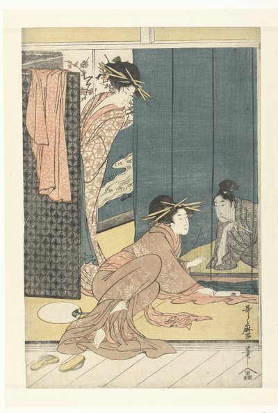 To kurtisaner og en ung mand under et myggenet af Kitagawa Utamaro