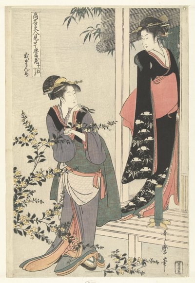 To kvinder ved en blomstrende yamabuki-busk: anden akt. Nidanme (titel på objekt) Parodi på Chushingura af berømte skønheder. (serietitel) Komei bijin mitate Chushingura (serietitel på objekt) af Kitagawa Utamaro