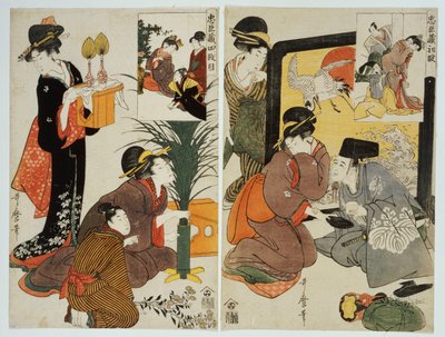 To scener fra serien "Loyal League", der skildrer hverdagen i en husstand fra Edo-perioden af Kitagawa Utamaro