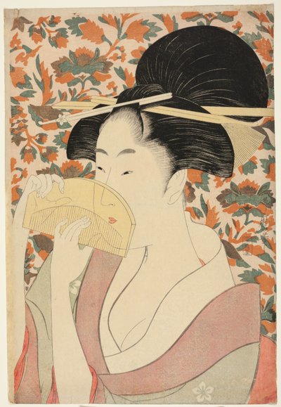 Kvinde der holder en skildpaddeskal hårkam af Kitagawa Utamaro