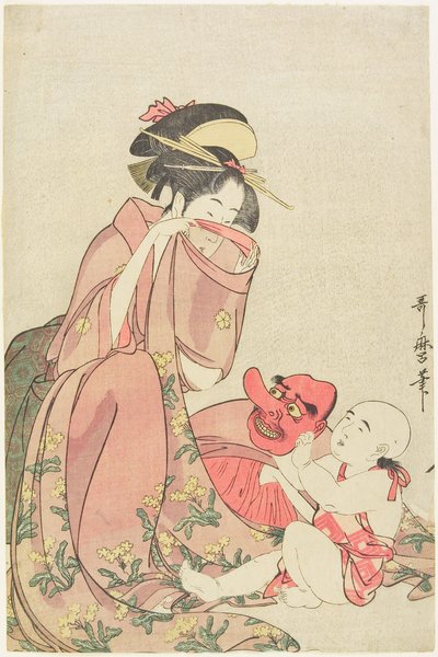 Kvinde, der leger med et barn iført en tengu-maske af Kitagawa Utamaro