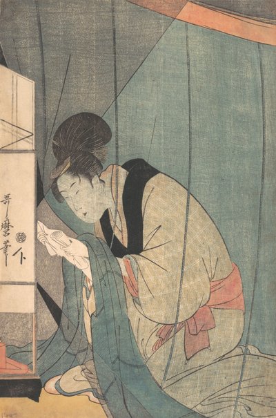 Kvinde læser et brev under et myggenet, ca. 1798. af Kitagawa Utamaro