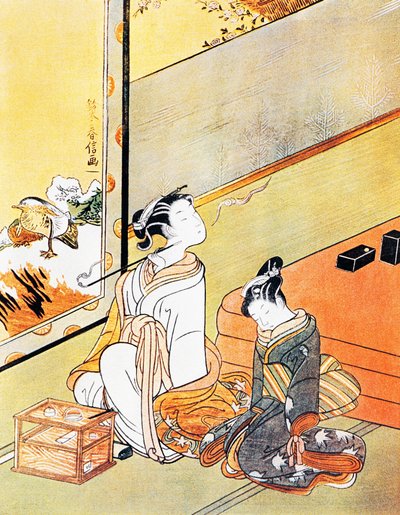 Kvinde ryger pibe, ukiyo-e kunsttryk, Tosa-skole, træsnit, japansk civilisation, Edo-periode af Kitagawa Utamaro