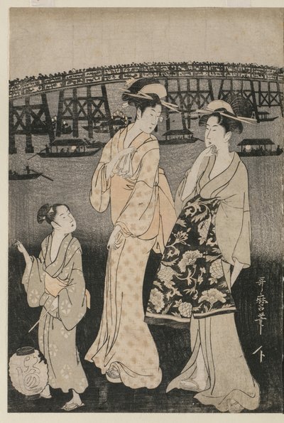 Kvinder nyder den kølige aften nær Ryogoku-broen af Kitagawa Utamaro