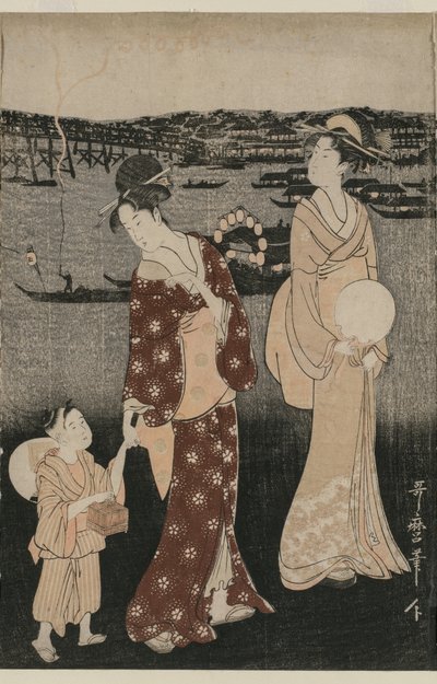 Kvinder nyder den kølige aften nær Ryogoku-broen af Kitagawa Utamaro