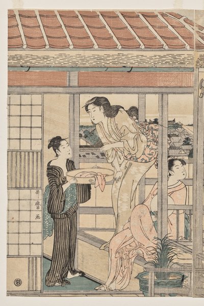 Kvinder hænger vasketøj til tørre på en balkon af Kitagawa Utamaro