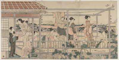 Kvinder hænger vasketøj til tørre på en balkon af Kitagawa Utamaro