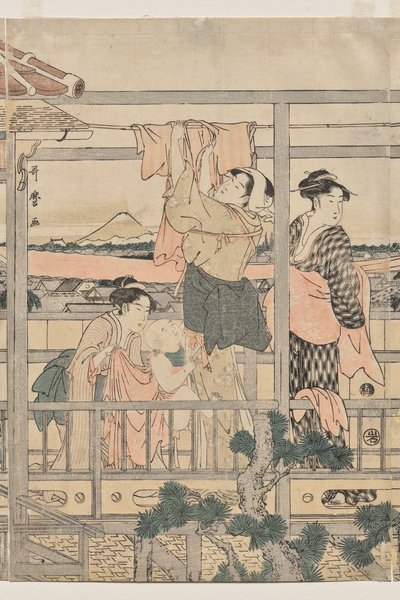 Kvinder hænger vasketøj til tørre på en balkon af Kitagawa Utamaro