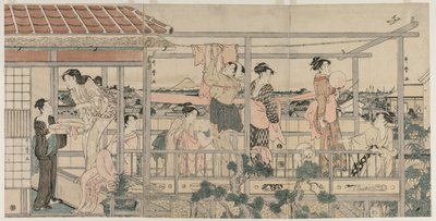 Kvinder, der hænger vasketøj til tørre på en balkon, begyndelsen af 1790