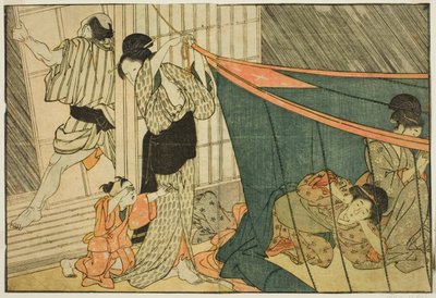 Kvinder inde i et myggenet under et tordenvejr, fra den illustrerede bog "Picture Book: Flowers of the Four Seasons (Ehon shiki no hana)," vol. 1 af Kitagawa Utamaro