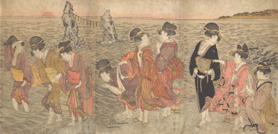Kvinder, der tilbeder den opgående sol mellem tvillingeklipperne ved Ise, slutningen af det 18.-begyndelsen af det 19. århundrede. af Kitagawa Utamaro