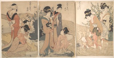 Kvinder og børn på bredden af en bæk af Kitagawa Utamaro
