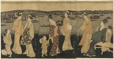 Kvinder ser fyrværkeri ved Sumida-floden af Kitagawa Utamaro