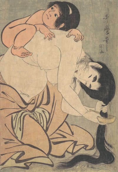 Yamauba kæmmer sit hår, og Kintoki, ca. 1801. af Kitagawa Utamaro