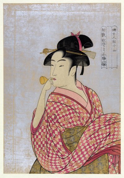 Young Woman Blowing a Glass Pipe (poppin), fra serien Ten Types in the Physiognomic Study of Women par Utamaro, Kitagawa (1753-1806), ca 1792 - Farvetræsnit, 38,9x27,5 - Privat samling af Kitagawa Utamaro