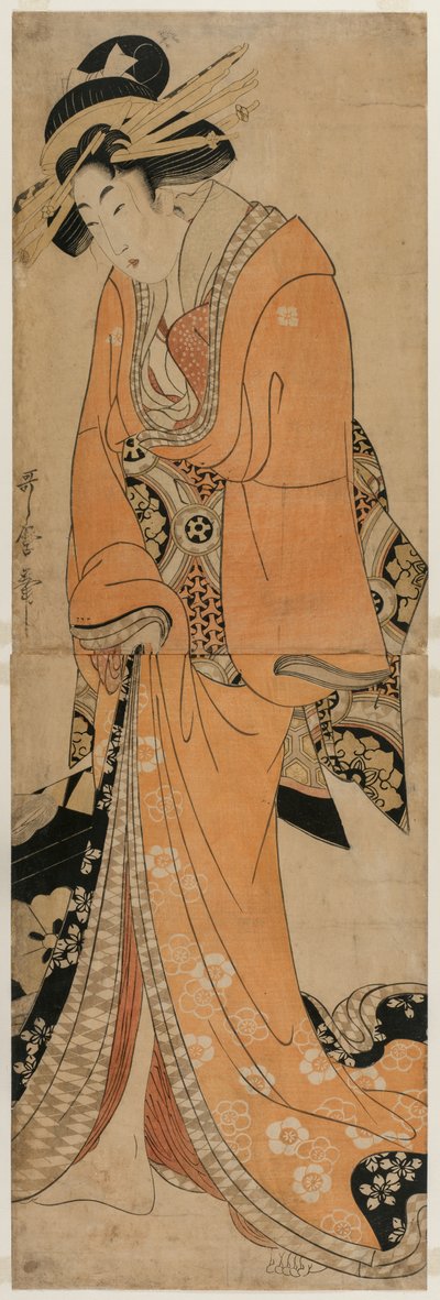 Geisha stående ved siden af en Shamisen sag af Kitagawa Utamaro II