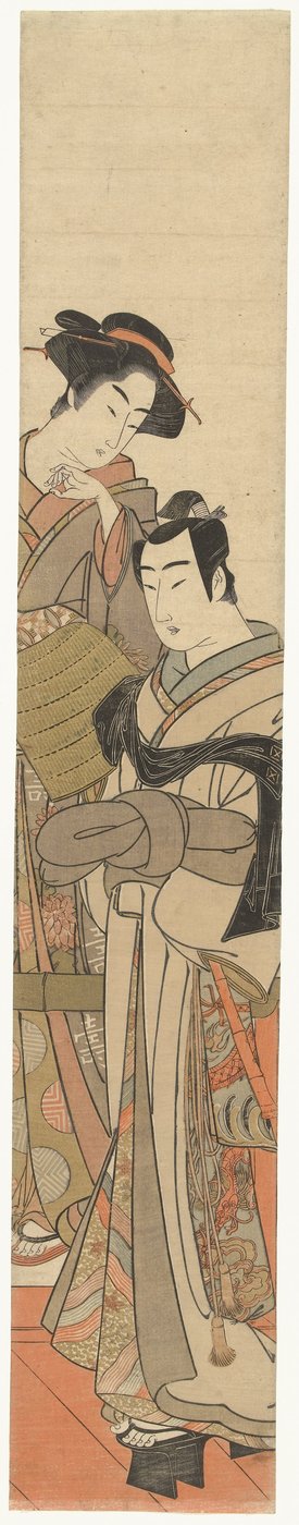 En kvinde med en ung mand forklædt Jonge man met rieten hoed en dame af Kitao Masanobu (attributed to)